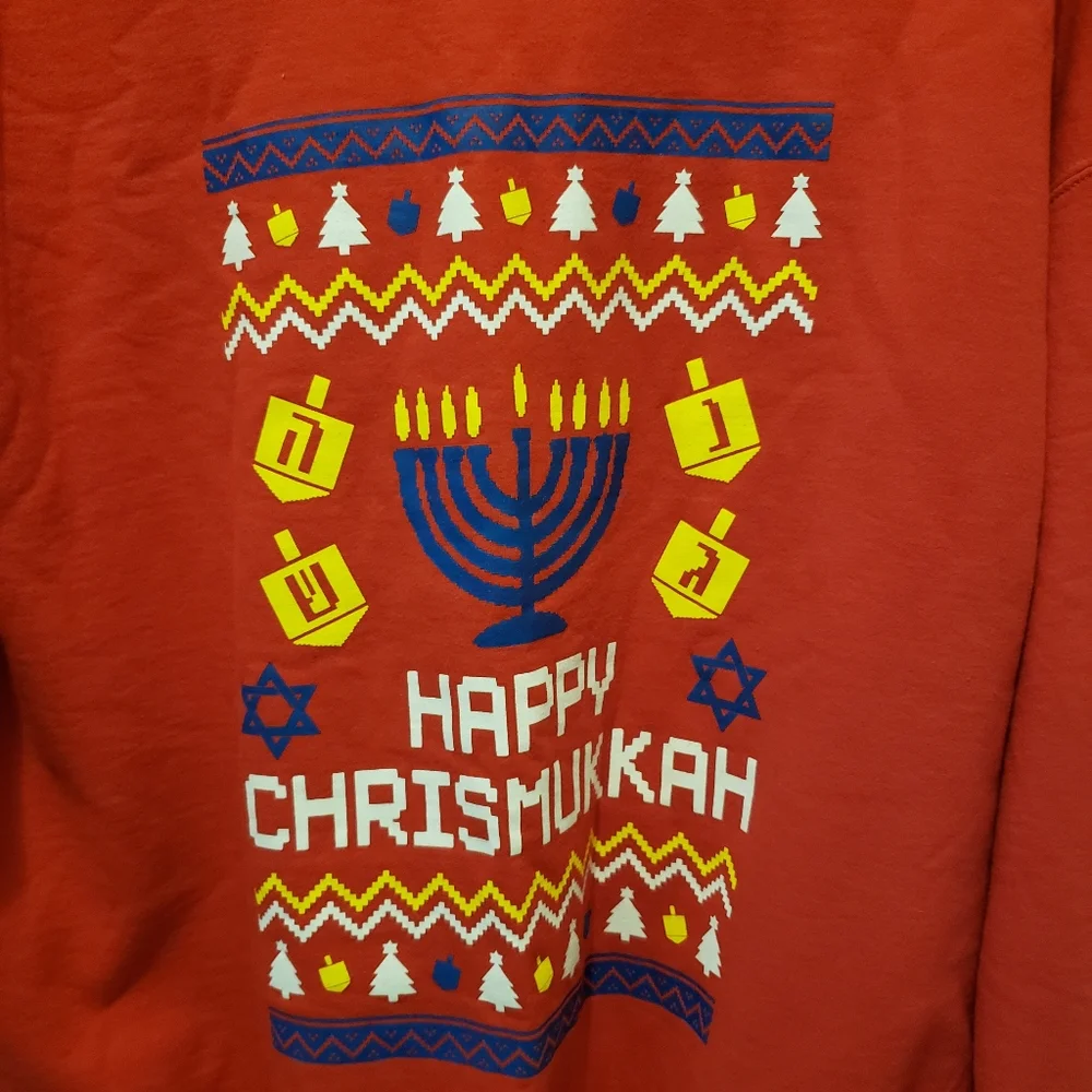 Red Crewneck Sweatshirt Happy Christmakuh Holiday Christmas Hanukah Adult XXL - Picture 3 of 6